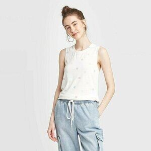 Doe Tank Top Womens Size XL White Flip Flop Print Lightweight Summer Shirt